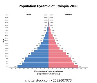 Population pyramid of Ethiopia 2023. Age structure diagram and graphical illustration of the distribution of over 128 million people divided into females and males, quoted in percent and 4-year steps.