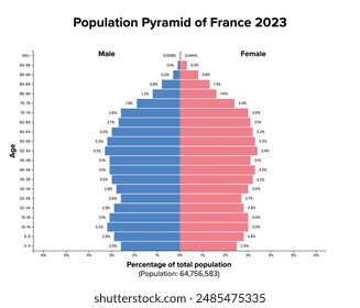 Population pyramid of France 2023. Age structure diagram and graphical illustration of the distribution of aömost 65 million people, divided into females and males, quoted in percent and 4-year steps.