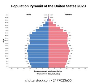 Population pyramid of United States 2023. Age structure diagram and graphical illustration of the distribution of 340 million people divided into females and males, quoted in percent and 4-year steps.