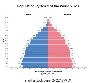 Population pyramid of the World 2023. Age structure diagram, and graphical illustration of the distribution of over 8 billion people divided into females and males, quoted in percent and 4-year steps.