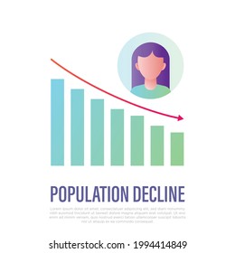 Population reduction thin line icon. Graph of decrease with arrow and woman. Social problem, demographic crisis. Vector illustration.