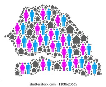 Population Senegal map. Household vector collage of Senegal map formed of randomized lady and gentleman and residence items in variable sizes.
