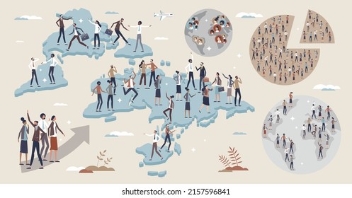 Population set with demography and migration data tiny person collection. Elements with world citizen movement and immigration statistics vector illustration. Information about country people movement