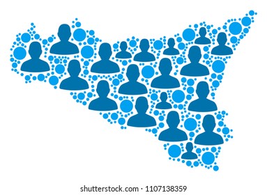 Population Sicilia map. Demography vector collage of Sicilia map organized of random human items and circle dots. Abstract social scheme of national mass cartography.
