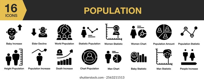 Population solid icon set. Includes human, population, social, world, growth, and More. Solid icons vector collection.