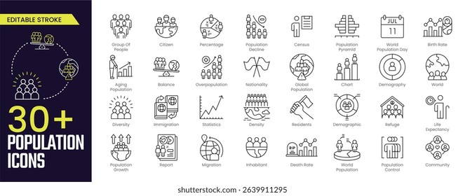 Population Stroke icon collections. Containing Citizen, Group Of People, Balance, Overpopulation, Nationality, Chart, population, Demographic, Population Growth, and Report, Editable stoke, Outline