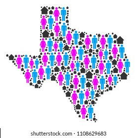 Population Texas map. Household vector concept of Texas map formed of randomized person and house items in variable sizes. Abstract social representation of nation community cartography.