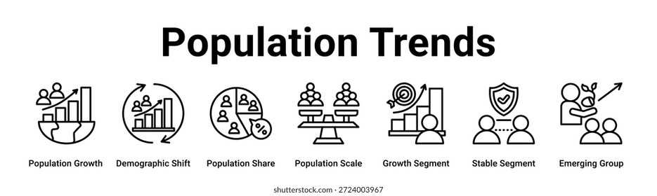 Population Trends Web-Banner-Symbol Vektorgrafik-Konzept für Unternehmen mit Symbol für Bevölkerungswachstum, demografische Verschiebung, Bevölkerungsanteil, Bevölkerungsskala, Wachstumssegment, stabiles Segment.