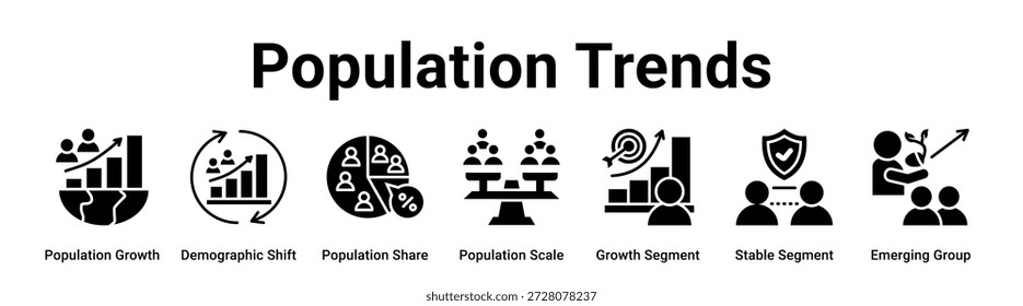 Population Trends Web-Banner-Symbol Vektorgrafik-Konzept für Unternehmen mit Symbol für Bevölkerungswachstum, demografische Verschiebung, Bevölkerungsanteil, Bevölkerungsskala, Wachstumssegment, stabiles Segment.