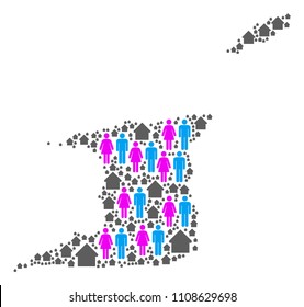 Population Trinidad and Tobago map. Household vector concept of Trinidad and Tobago map constructed of random lady and gentleman and realty elements in variable sizes.