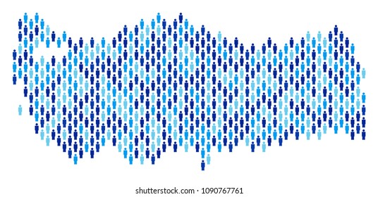 Population Turkey map. Demography vector composition of Turkey map organized of men elements. Abstract social representation of nation mass cartography. Demographic map in blue color tones.