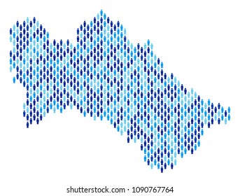 Population Turkmenistan map. Demography vector mosaic of Turkmenistan map organized of people items. Abstract social representation of nation mass cartography. Demographic map in blue color tints.