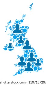 Population United Kingdom map. Demography vector pattern of United Kingdom map made of scattered men items and spheric elements. Abstract social scheme of national group cartography.
