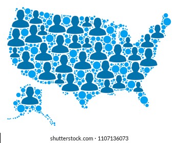 Population USA with Alaska map. Demography vector concept of USA with Alaska map constructed of random human elements and round elements. Abstract social plan of national community cartography.