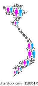 Population Vietnam map. Household vector mosaic of Vietnam map composed of randomized people and realty items in variable sizes. Abstract social representation of national mass cartography.