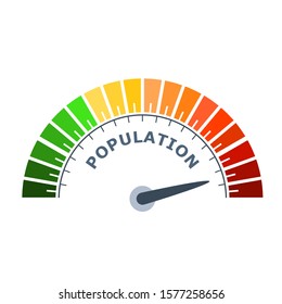Population word on growth diagram. Color scale with arrow from green to red. The measuring device icon. Sign tachometer, speedometer, indicators. Colorful infographic gauge element.