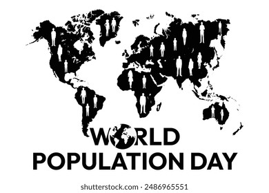 population, world population day black color vector with world map and people on white background.