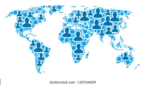 Population world map. Demography vector collage of world map done of scattered crowd elements and circle dots. Abstract social representation of national group cartography.