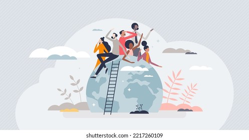 Population of the world with various ethnic groups tiny person concept. Worldwide community and society characters with all culture and racial types vector illustration. Global solidarity and unity.