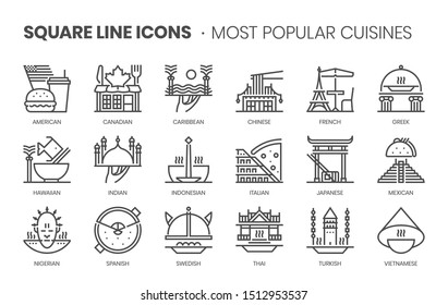 Populer cuisines related, pixel perfect, editable stroke, up scalable square line vector icon set. 