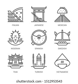 Populer cuisines related, square line vector icon set for applications and website development. The icon set is pixelperfect with