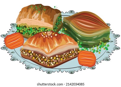 Populer food cooked on Ramadan and Eid days. Ottoman and Turkish dessert baklava with sherbet, pistachio and walnuts. Turkish desserts together. deliciously crunchy and warm. Turkish cuisine. vector