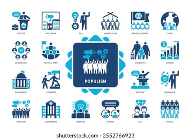 Populismus-Symbolsatz. General Will, Ethnic, Idee, Elite, Ideologie, Politische Partei, Demagoge, Rhetorik. Duotonfarben-Volltonsymbole