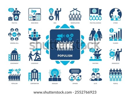 Populism icon set. General Will, Ethnic, Idea, Elite, Ideology, Political Party, Demagogue, Rhetoric. Duotone color solid icons