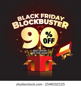 Pop-Up of Black Friday shopping promotional, sale, offer, 90% off, deals, blockbuster, discount, logo from a red gift box on black background. Vector illustration