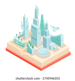 Popup book about smart futuristic city isolated on white background. Future downtown architecture. Textbook for student, pupil, children. Interactive paper editorial. Library and literature. Vector