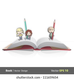 Pop-up book card with three friends drawing. Vector illustration.