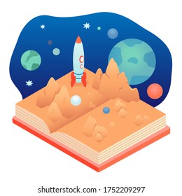 Popup book page about cosmos galaxy, solar system on white background. Vector rocket, astronomical body, planet surface fantasy landscape. Space travel, science, education, technology literature