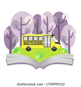 Popup book of yellow school bus with text "Back to school", is on purple forest background. School bus illustration.