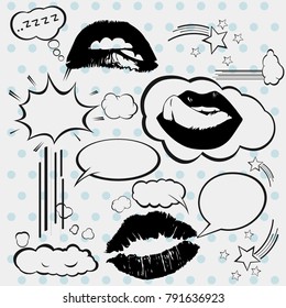 pop-up bubble with female lips, many styles in vector format. Elements for your stylish design. Vector illustration