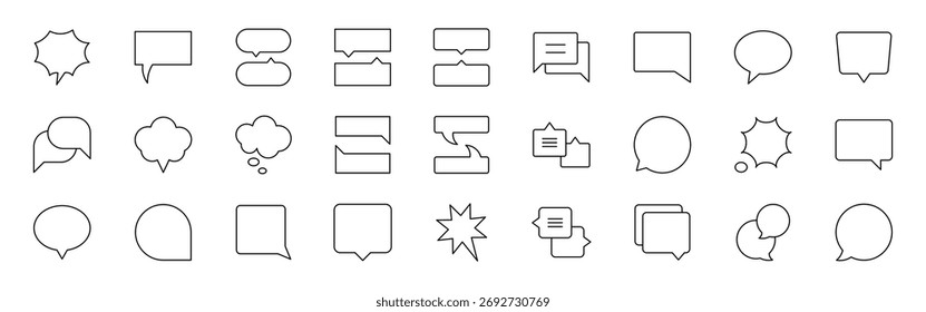 Conjunto de iconos de línea de discurso de burbuja emergente. Vector de mensaje, comentario, icono de chat. Ideal para la comunicación moderna, ventanas emergentes de diálogo, burbuja de discurso, globo de discurso, burbuja de chat y burbuja de conversación digital.