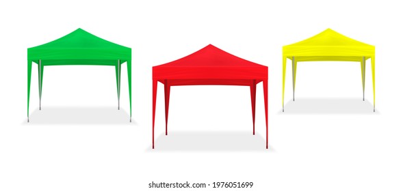 Pop-up Canopy Tent. Exhibition Show Pavilion. Outdoor Gazebo. Event Marquee. Color Set. Green, Red, Yellow Colours. Easy To Recolor. Vector Template For Design