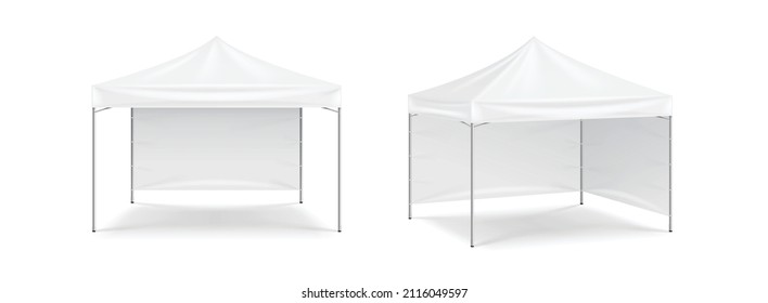 Popup canopy tent, realistic mockup set. Exhibition outdoor show pavilion, template icons. White event marquee for branding design. 3d vector illustration