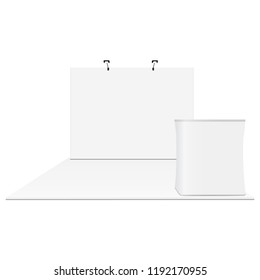 Pop-up display system & podium - front view. Blank trade show booth equipment. Vector illustration