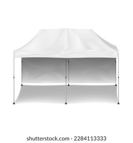 Pop-up gazebo with back wall realistic mock-up. White blank promotional canopy tent vector mockup. Foldable event marquee. Template for design