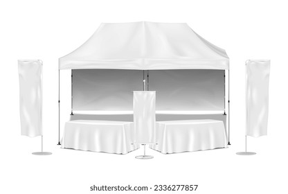 Pop-up gazebo canopy tent with table and event flags vector mockup. Exhibition promotional mock-up set. Blank white template for business branding design