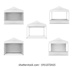 Pop-up gazebo, realistic mockup. White blank canopy tent, mock-up. Event marquee, template. Exhibition outdoor show pavilion. Vector set for design.