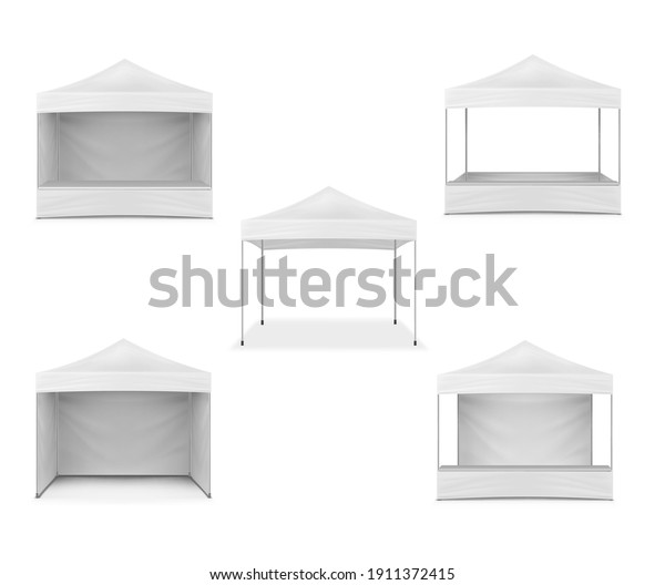 Pop-up gazebo, realistic mockup. White blank\
canopy tent, mock-up. Event marquee, template. Exhibition outdoor\
show pavilion. Vector set for\
design.
