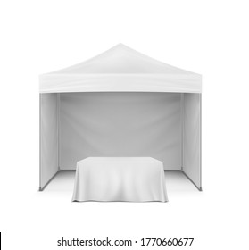 Pop-up gazebo and table covered with blank tablecloth, realistic mock-up. Exhibition promo event set, mockup. Vector template for business branding design.