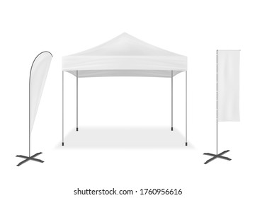 Pop-up Mobile Tent With Event Flags, Vector Mockup. Exhibition Mock-up Set. Blank White Template For Business Branding Design.