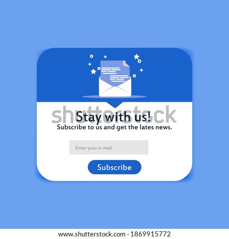 Popup modern subscription form design. Creative menu for followers. Mailing letters website page vector illustration 