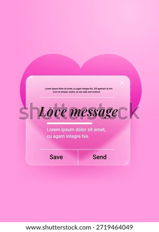 Pop-up notification for Valentine’s Day template. Glass massage box with heart on pink background