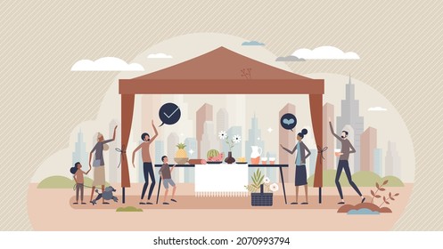 Pop-up picnic event with eating in urban environment park tiny person concept. Outdoors lunch site for all family meal in holidays vector illustration. Summer leisure with BBQ food and portable tent.