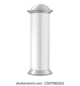 Pop-up pillar display realistic vector mockup. Trade show tower mock-up. White blank banner column stand. Template for design