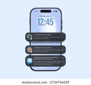 Pop-up push notification template on smartphone screen, vector. Glass theme template mockup. Online chat glassmorphism. Message bubble icons with for smartphone notification center, displaying alerts