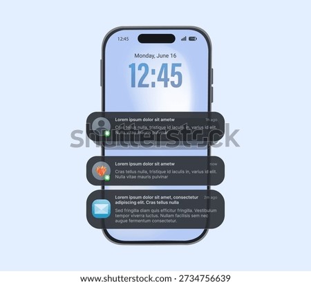 Pop-up push notification template on smartphone screen, vector. Glass theme template mockup. Online chat glassmorphism. Message bubble icons with for smartphone notification center, displaying alerts